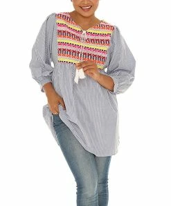 Cheapest 💯 Shoreline Blue & Yellow Stripe Embroidered V-Neck Tunic - Plus 👍