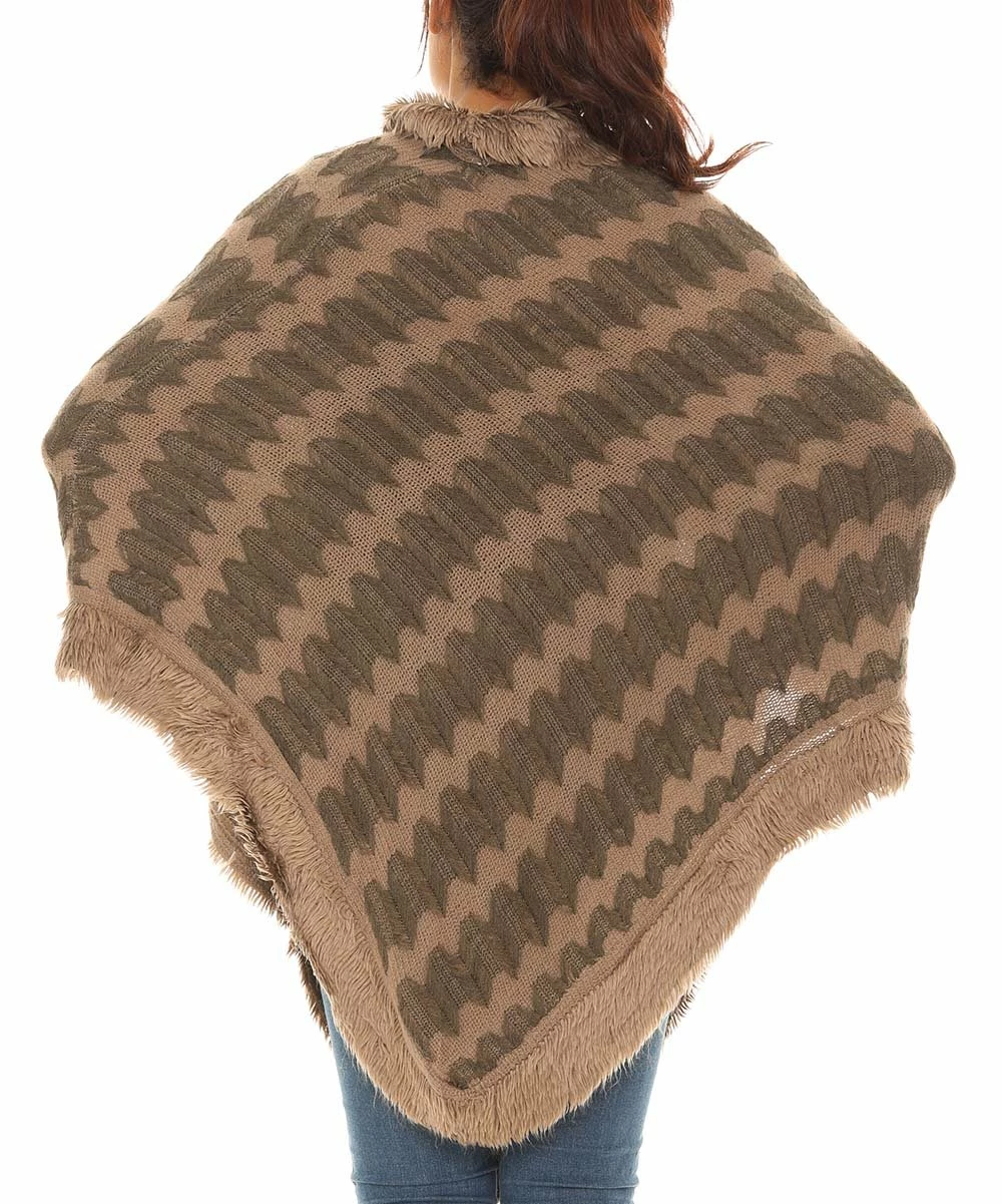 Best Sale π Shoreline Khaki Zigzag Faux Fur-Trim Cowl Neck Poncho - π© Women & Plus β - Image 2