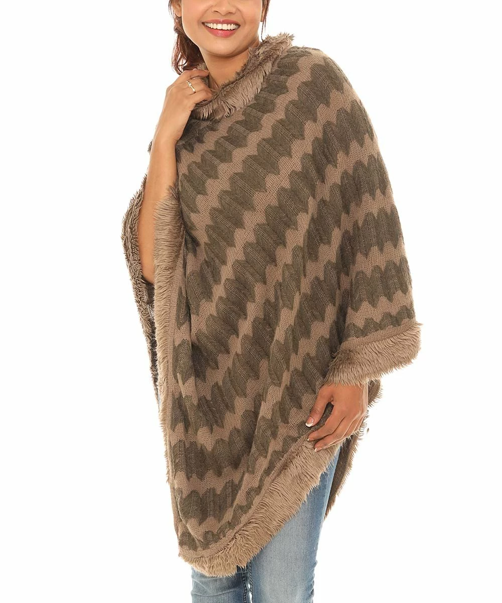 Best Sale π Shoreline Khaki Zigzag Faux Fur-Trim Cowl Neck Poncho - π© Women & Plus β - Image 3