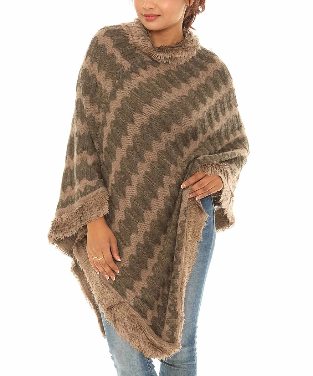 Best Sale π Shoreline Khaki Zigzag Faux Fur-Trim Cowl Neck Poncho - π© Women & Plus β - Image 4