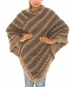 Best Sale π Shoreline Khaki Zigzag Faux Fur-Trim Cowl Neck Poncho - π© Women & Plus β