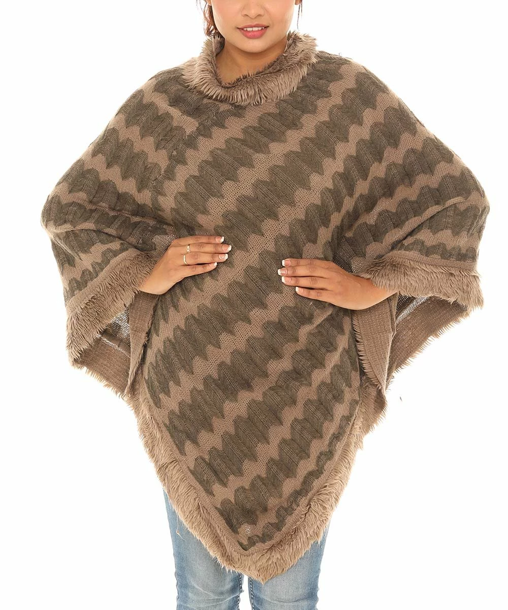 Best Sale π Shoreline Khaki Zigzag Faux Fur-Trim Cowl Neck Poncho - π© Women & Plus β