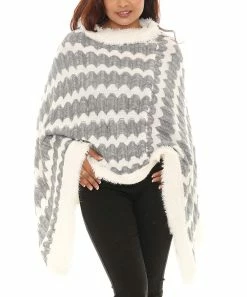 Top 10 ✔️ Shoreline White & Gray Zigzag Faux Fur-Trim Cowl Neck Poncho - 👩 Women & Plus ✨