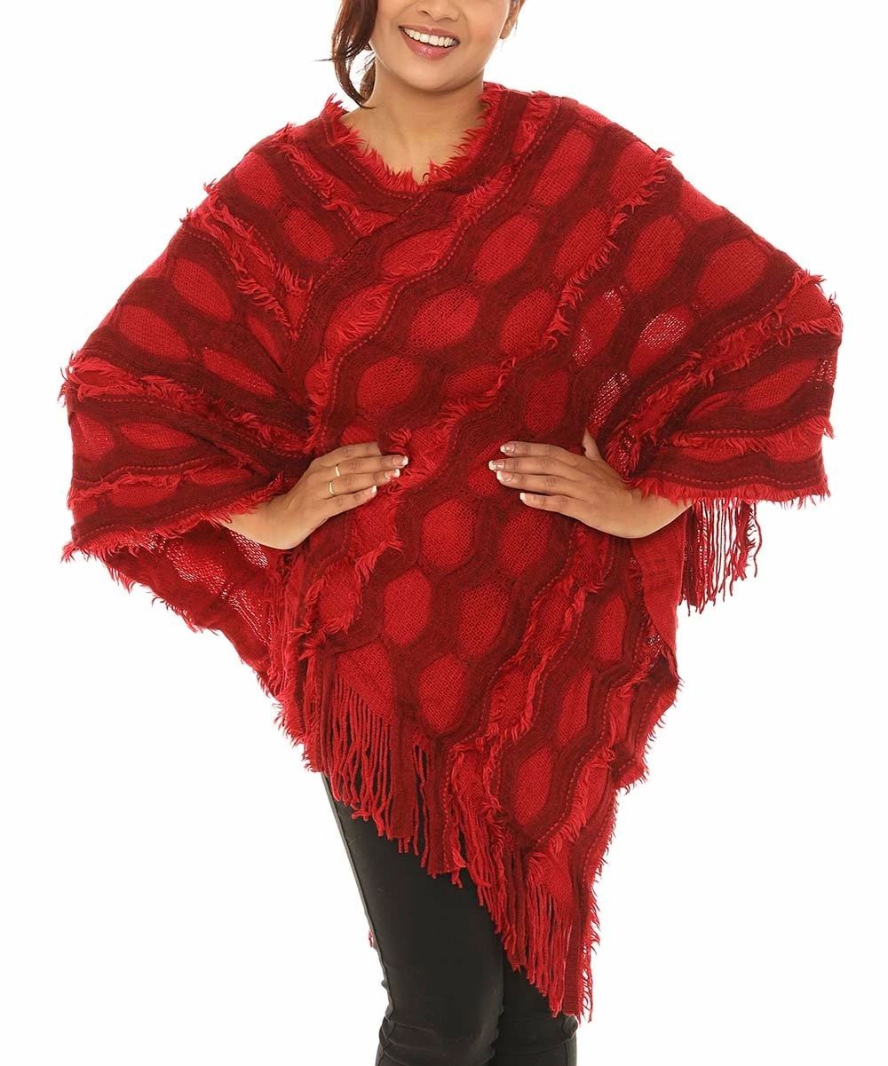 Flash Sale π Shoreline Burgundy Geometric Burnout Faux Fur-Accent Fringed Poncho - π© Women & Plus βοΈ - Image 2