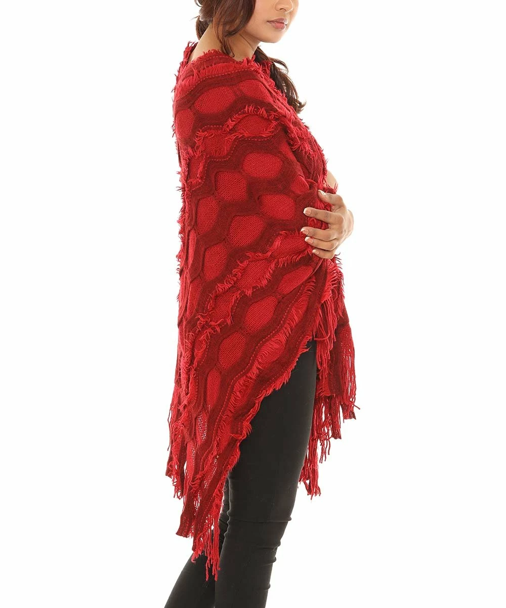 Flash Sale π Shoreline Burgundy Geometric Burnout Faux Fur-Accent Fringed Poncho - π© Women & Plus βοΈ - Image 4