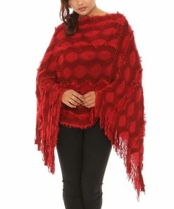 Flash Sale 👏 Shoreline Burgundy Geometric Burnout Faux Fur-Accent Fringed Poncho - 👩 Women & Plus ✔️