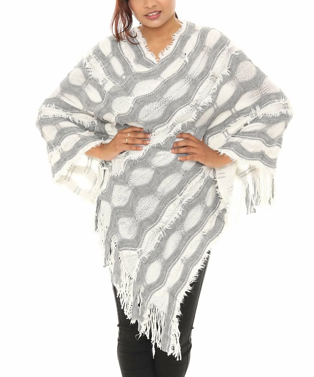 Coupon 𧨠Shoreline Ivory & Gray Geometric Burnout Faux Fur-Accent Fringed Poncho - π© Women & Plus π - Image 2