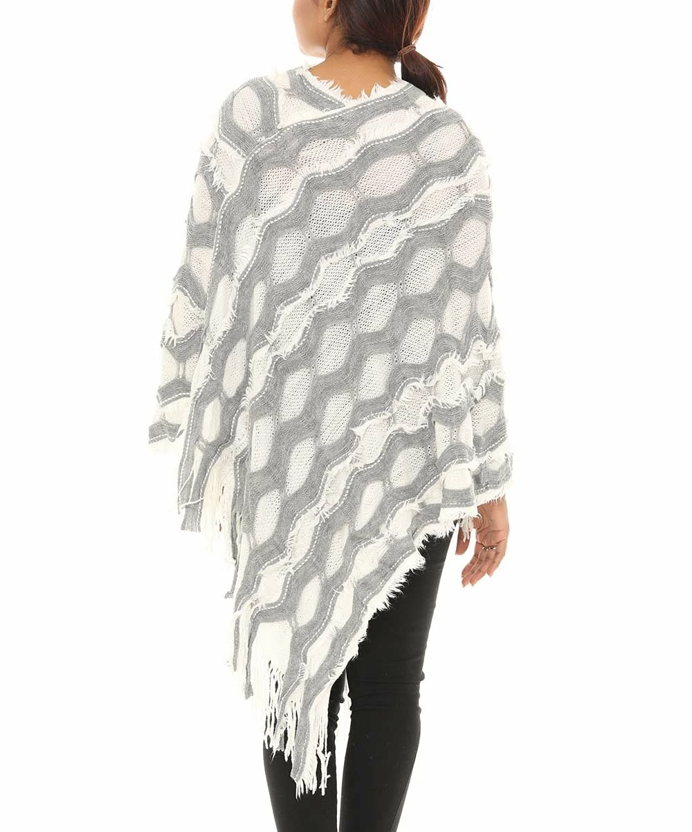 Coupon 𧨠Shoreline Ivory & Gray Geometric Burnout Faux Fur-Accent Fringed Poncho - π© Women & Plus π - Image 3
