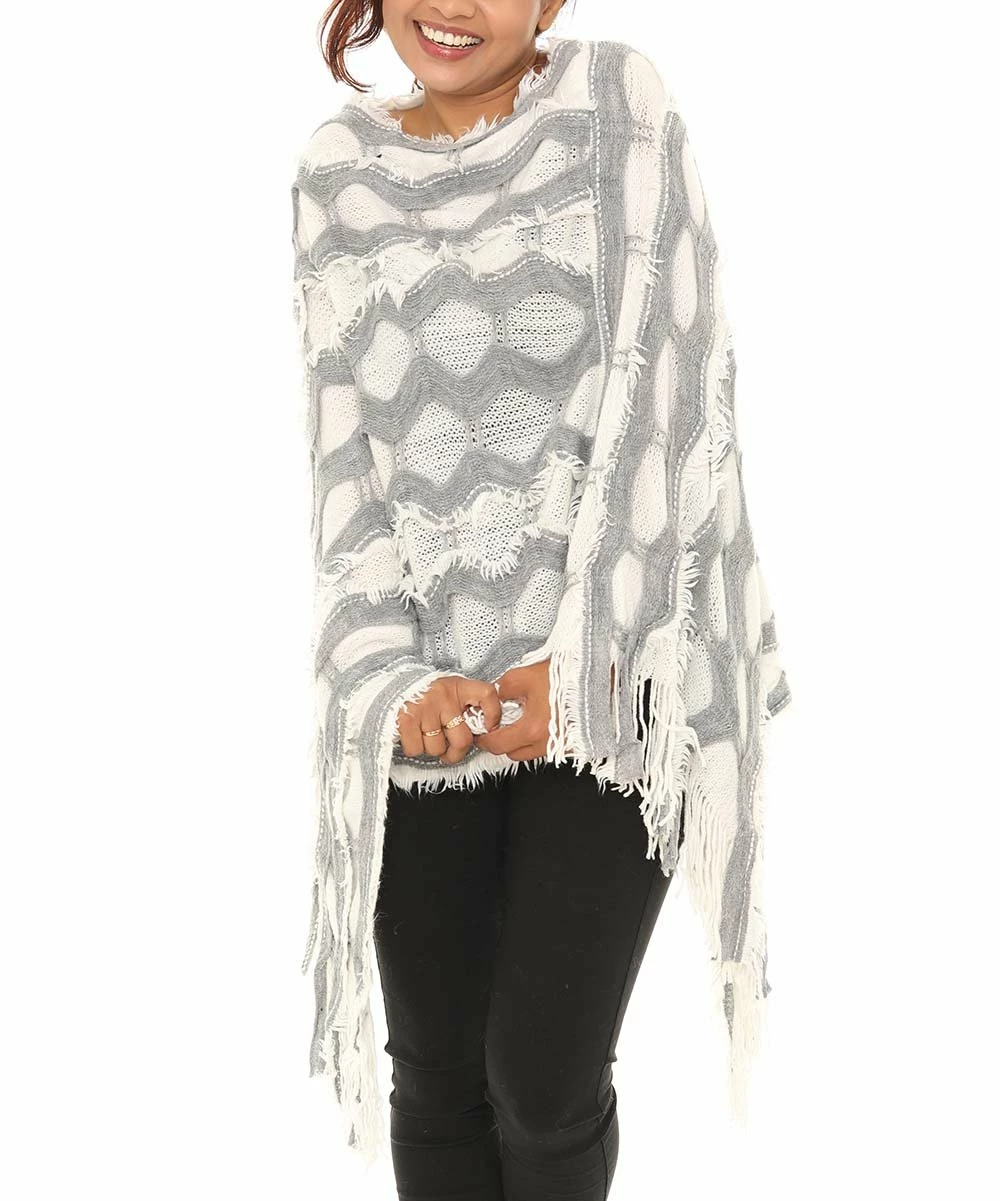 Coupon 𧨠Shoreline Ivory & Gray Geometric Burnout Faux Fur-Accent Fringed Poncho - π© Women & Plus π - Image 4