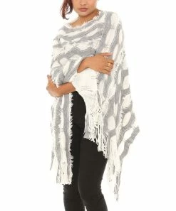 Coupon 🧨 Shoreline Ivory & Gray Geometric Burnout Faux Fur-Accent Fringed Poncho - 👩 Women & Plus 🌟