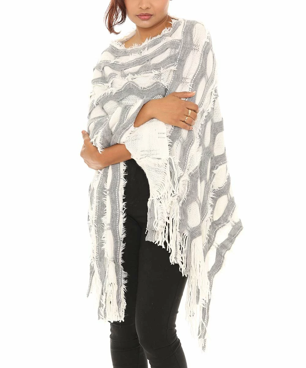 Coupon 𧨠Shoreline Ivory & Gray Geometric Burnout Faux Fur-Accent Fringed Poncho - π© Women & Plus π