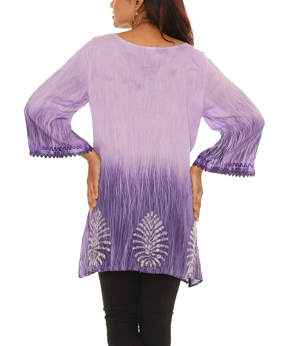 Hot Sale π Shoreline Purple Batik Three-Quarter Sleeve Notch Neck Tunic - Plus π - Image 2