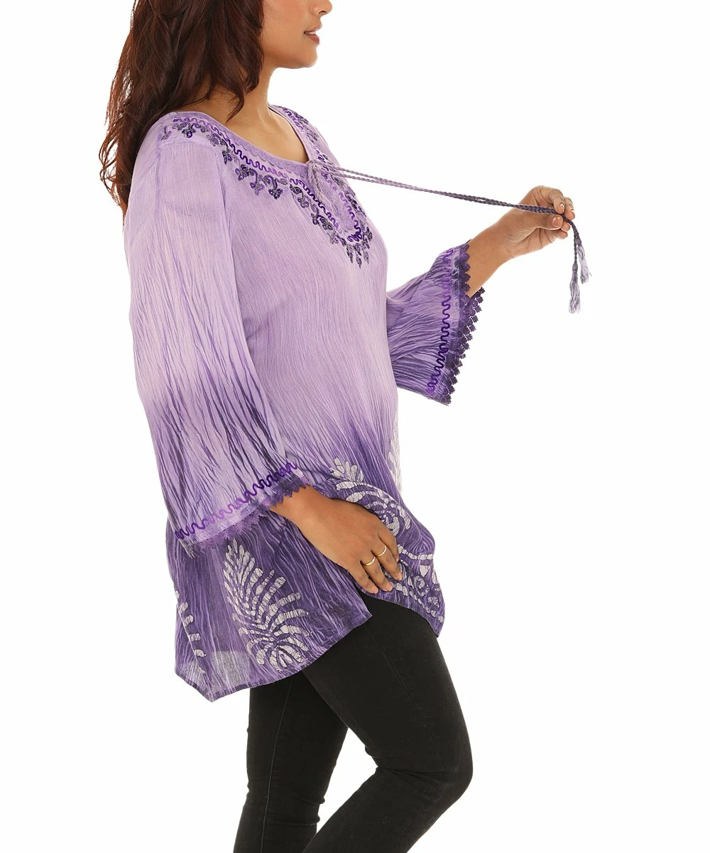 Hot Sale π Shoreline Purple Batik Three-Quarter Sleeve Notch Neck Tunic - Plus π - Image 3