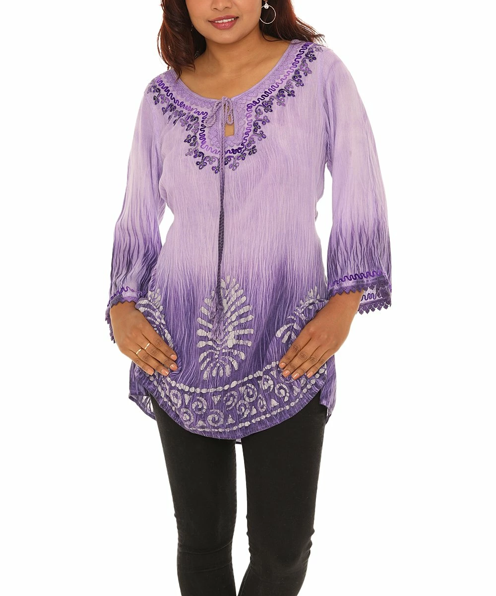 Hot Sale π Shoreline Purple Batik Three-Quarter Sleeve Notch Neck Tunic - Plus π - Image 4
