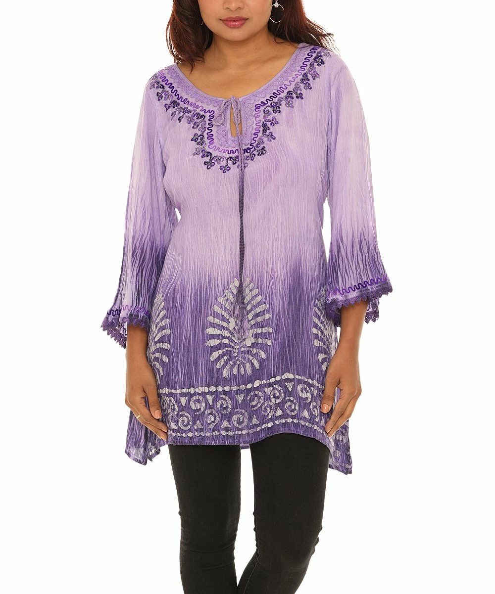 Hot Sale π Shoreline Purple Batik Three-Quarter Sleeve Notch Neck Tunic - Plus π