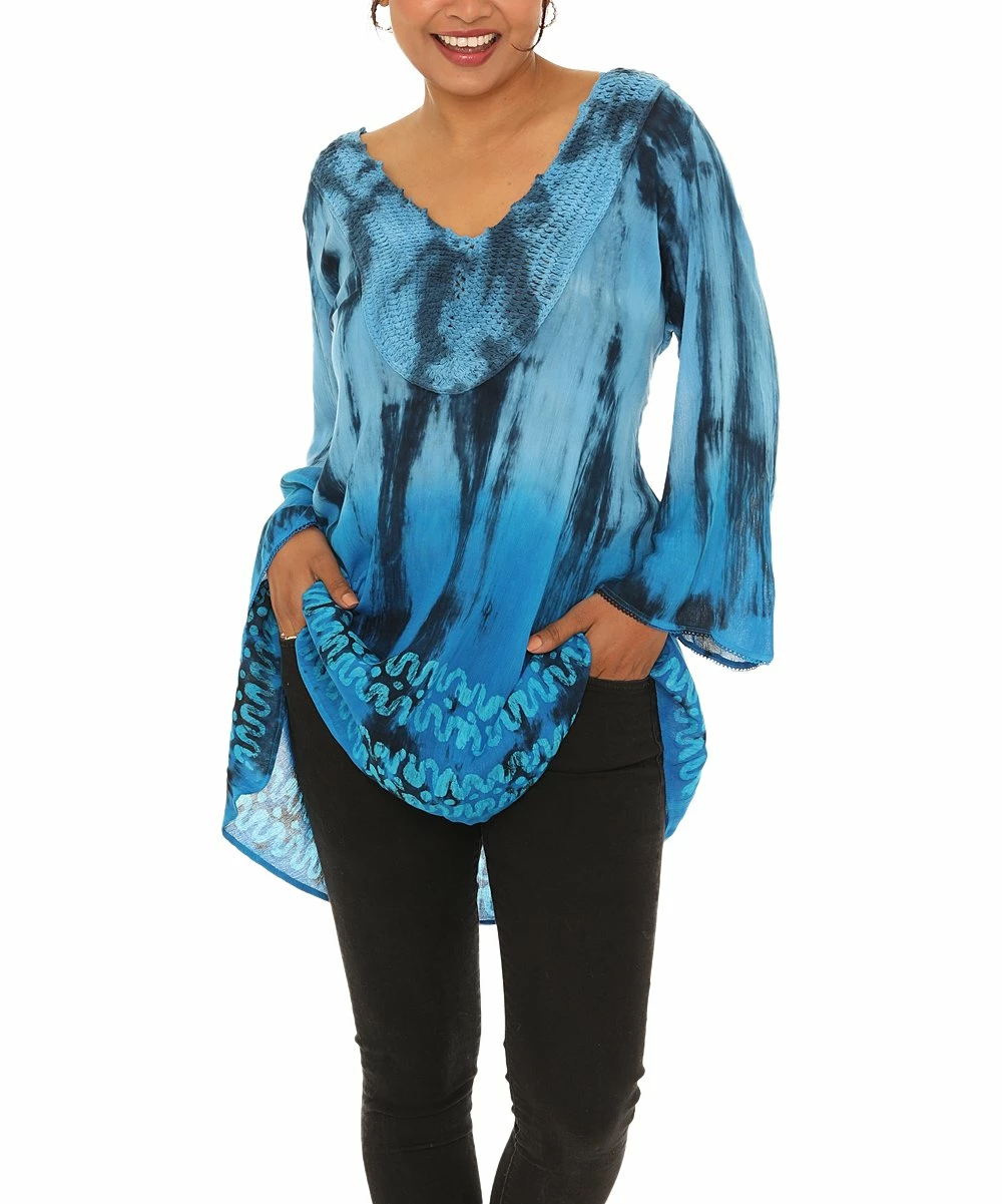 Cheapest π Shoreline Blue & Black Tie-Dye Batik V-Neck Tunic - Plus π