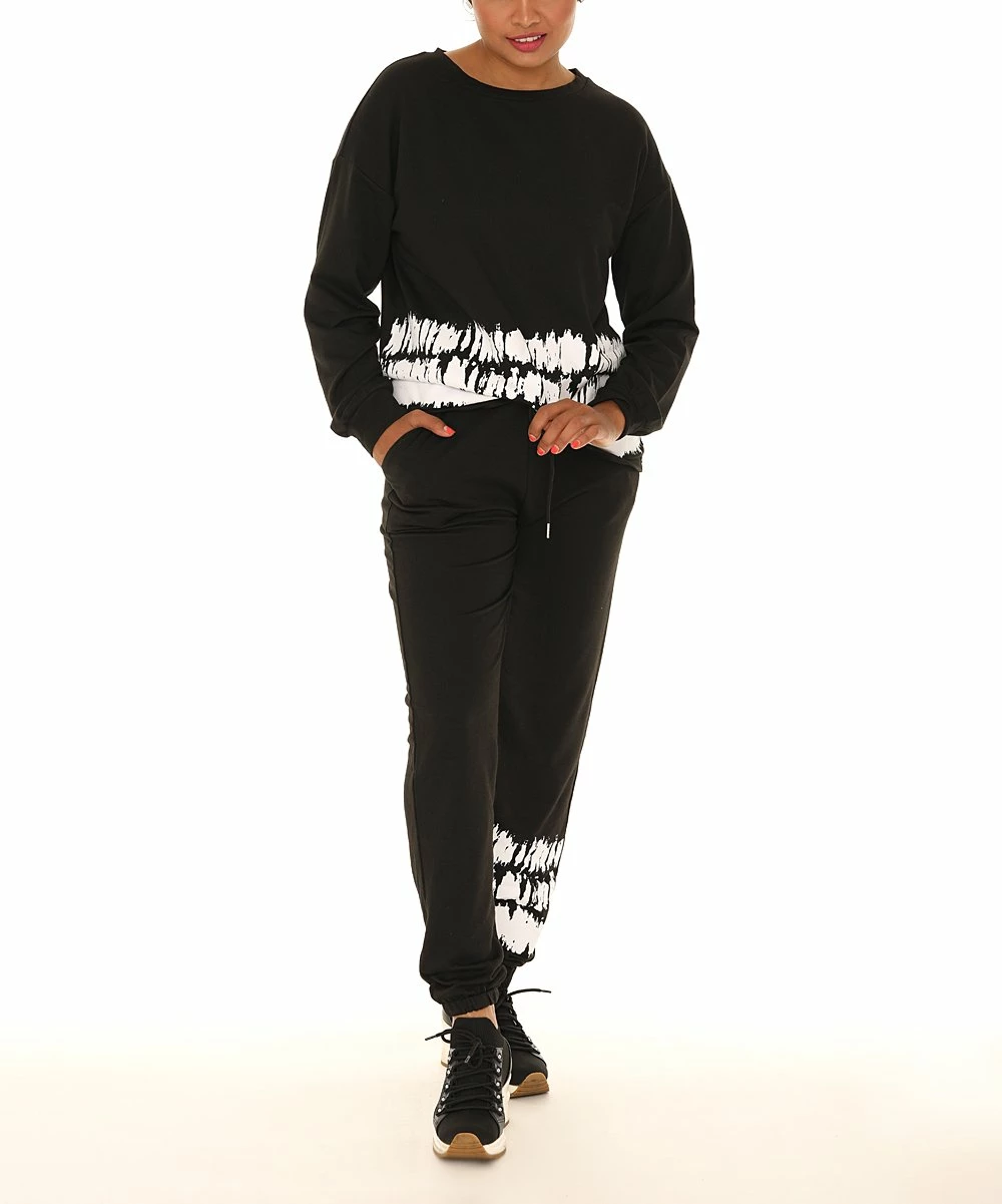 Outlet π Shoreline Black & White Abstract Crewneck Sweatshirt & Pocket Joggers - π© Women & Plus β - Image 2