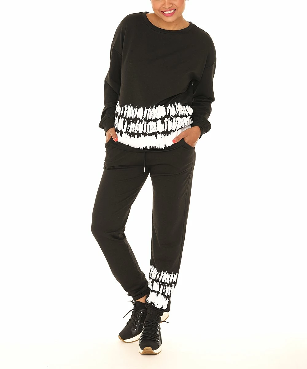 Outlet π Shoreline Black & White Abstract Crewneck Sweatshirt & Pocket Joggers - π© Women & Plus β - Image 3