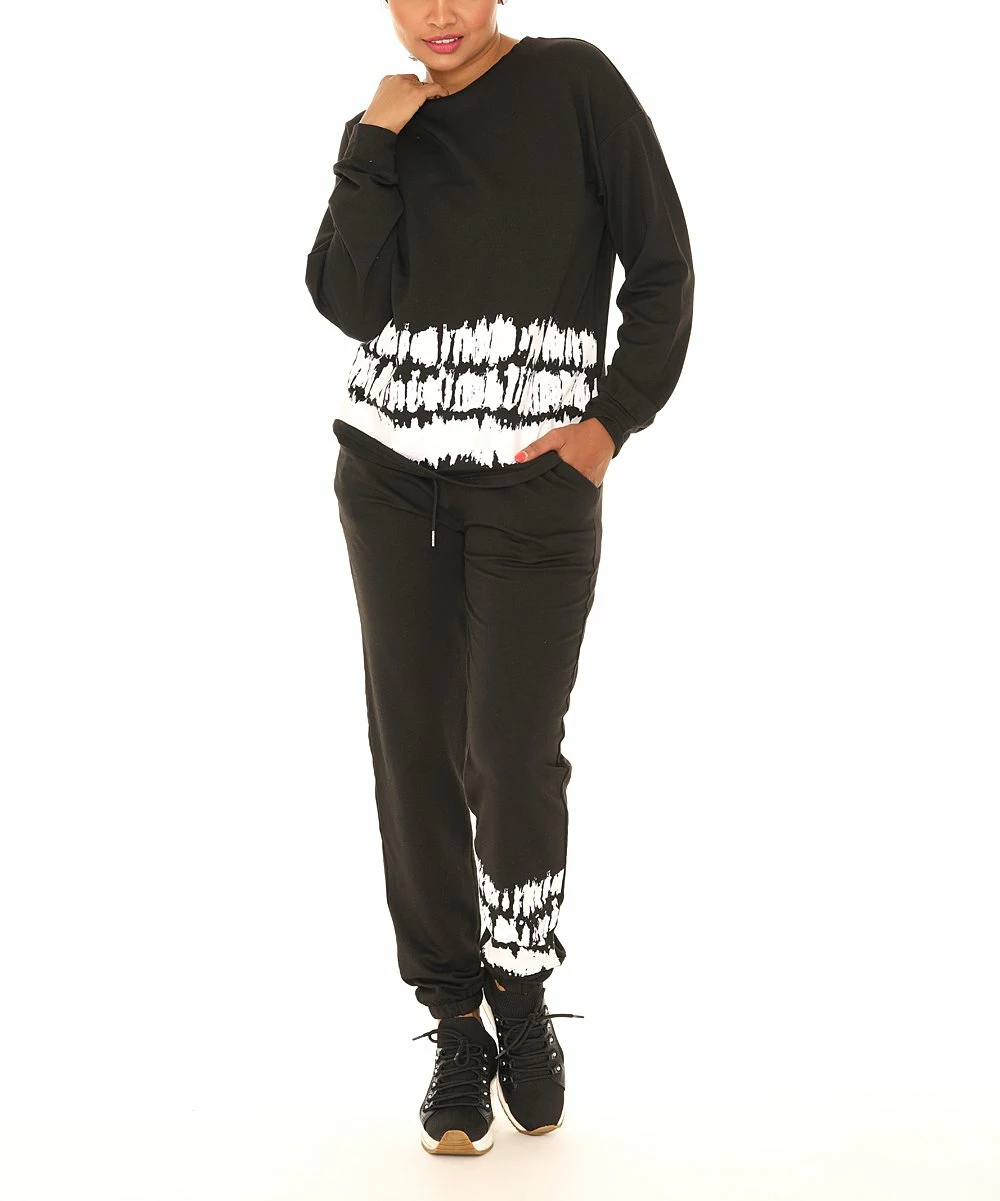 Outlet π Shoreline Black & White Abstract Crewneck Sweatshirt & Pocket Joggers - π© Women & Plus β