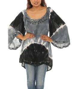 Discount 😀 Shoreline Black & Gray Tie-Dye Bell-Sleeve Tunic - 👩 Women & Plus 😍