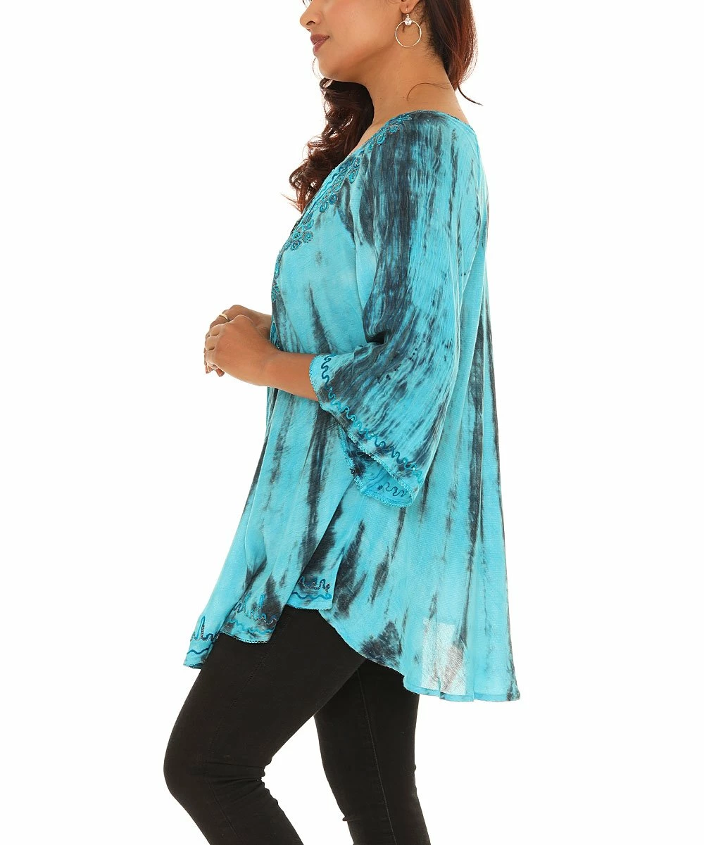 Hot Sale π Shoreline Turquoise Tie-Dye Embroidered Bell-Sleeve Scoop Neck Tunic - π© Women & Plus π₯ - Image 3