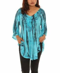 Hot Sale 😀 Shoreline Turquoise Tie-Dye Embroidered Bell-Sleeve Scoop Neck Tunic - 👩 Women & Plus 🔥