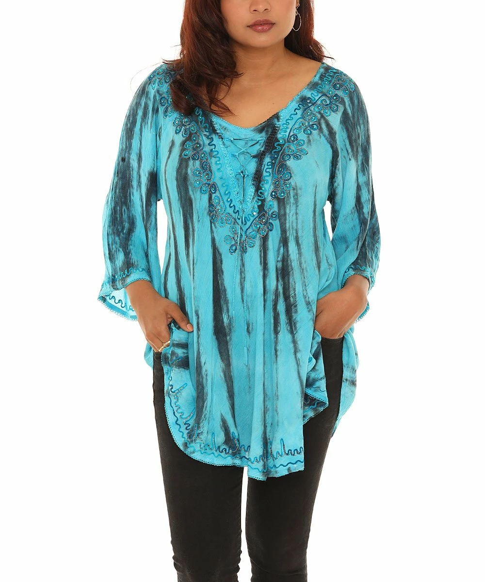 Hot Sale π Shoreline Turquoise Tie-Dye Embroidered Bell-Sleeve Scoop Neck Tunic - π© Women & Plus π₯