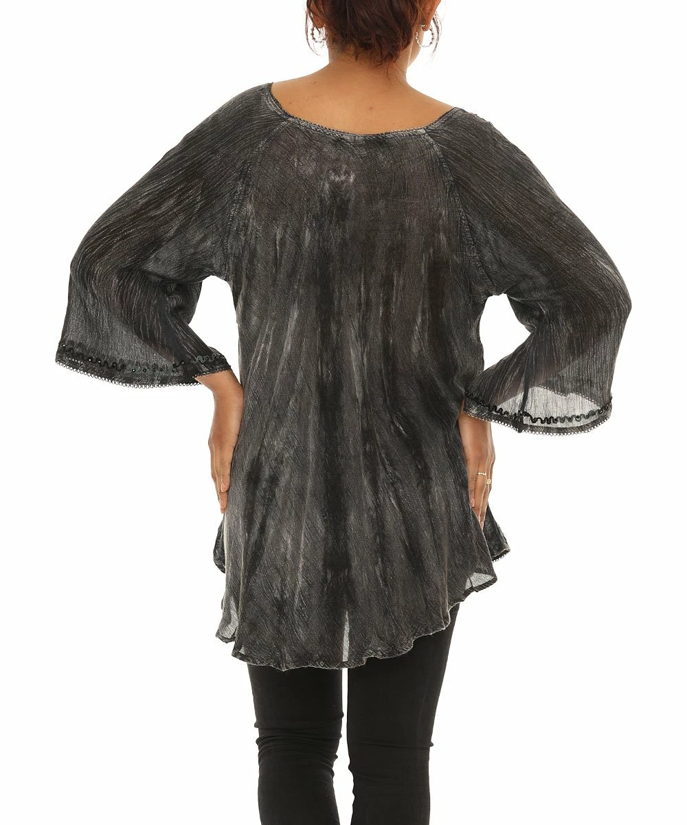 Coupon βοΈ Shoreline Black Tie-Dye Embroidered Bell-Sleeve Scoop Neck Tunic - π© Women & Plus β€οΈ - Image 2