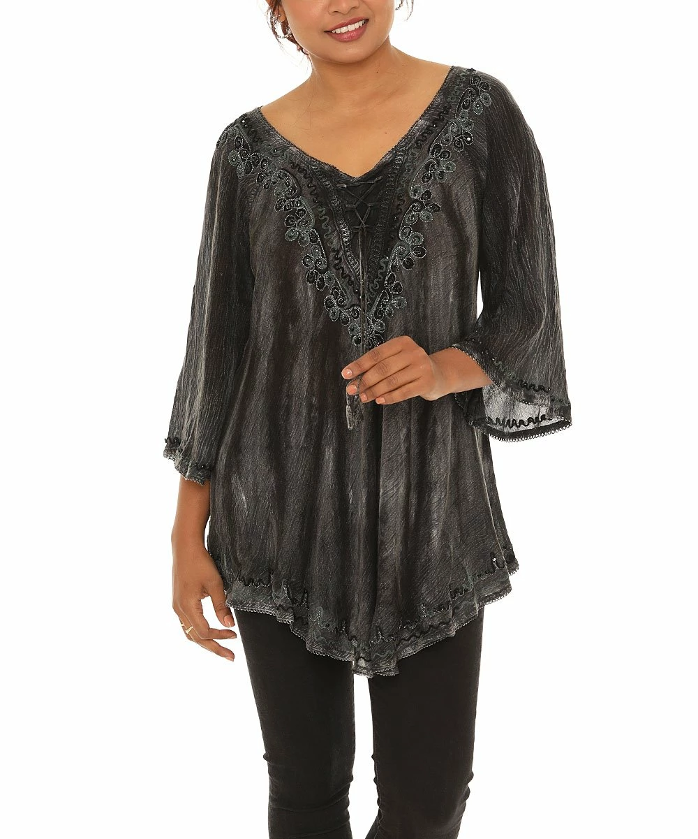 Coupon βοΈ Shoreline Black Tie-Dye Embroidered Bell-Sleeve Scoop Neck Tunic - π© Women & Plus β€οΈ - Image 4