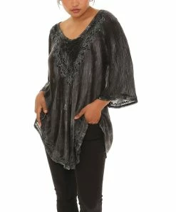 Coupon ✔️ Shoreline Black Tie-Dye Embroidered Bell-Sleeve Scoop Neck Tunic - 👩 Women & Plus ❤️