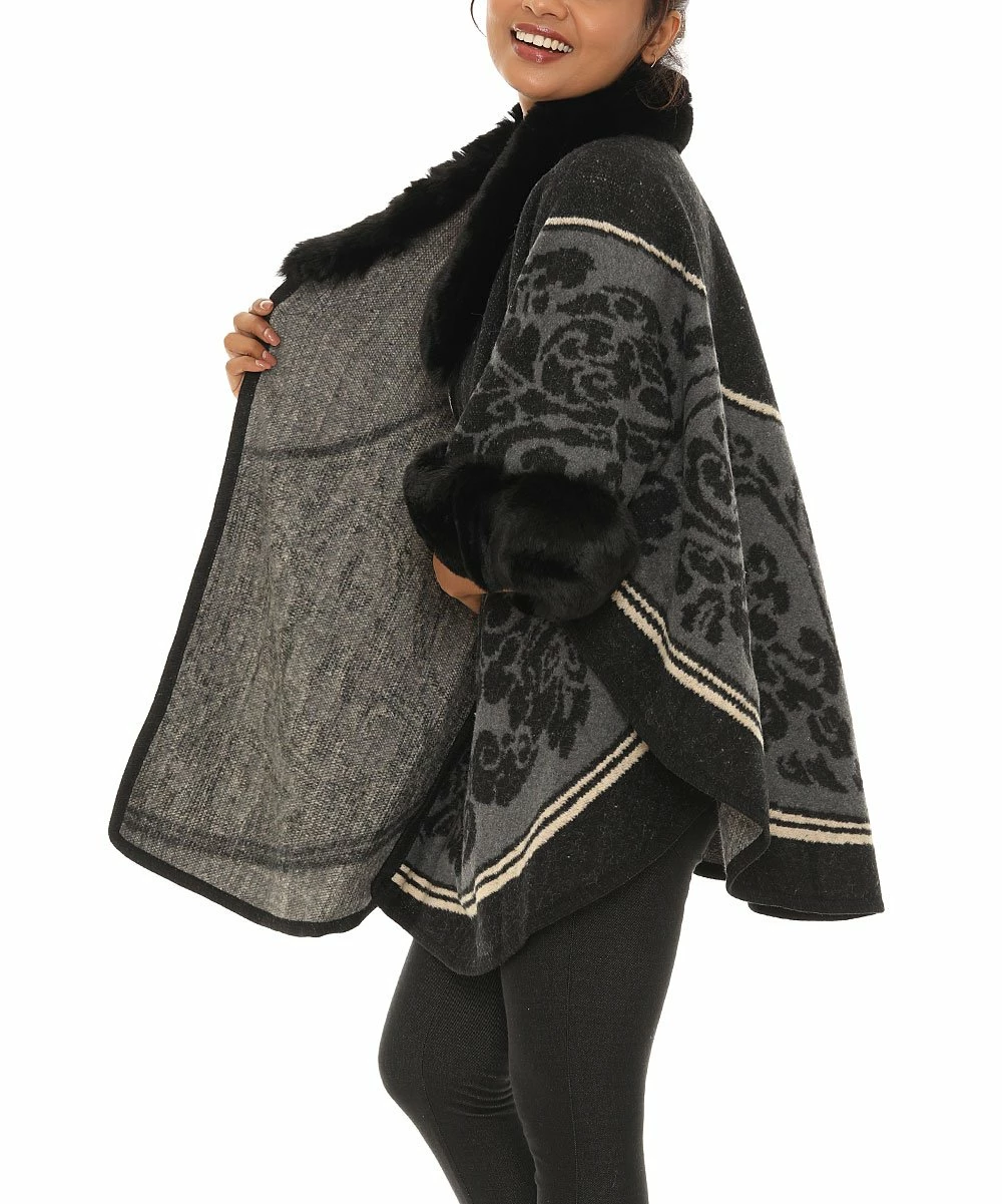 New 𧨠Shoreline Black Floral Fuzzy-Trim Poncho - π© Women & Plus 𧨠- Image 4