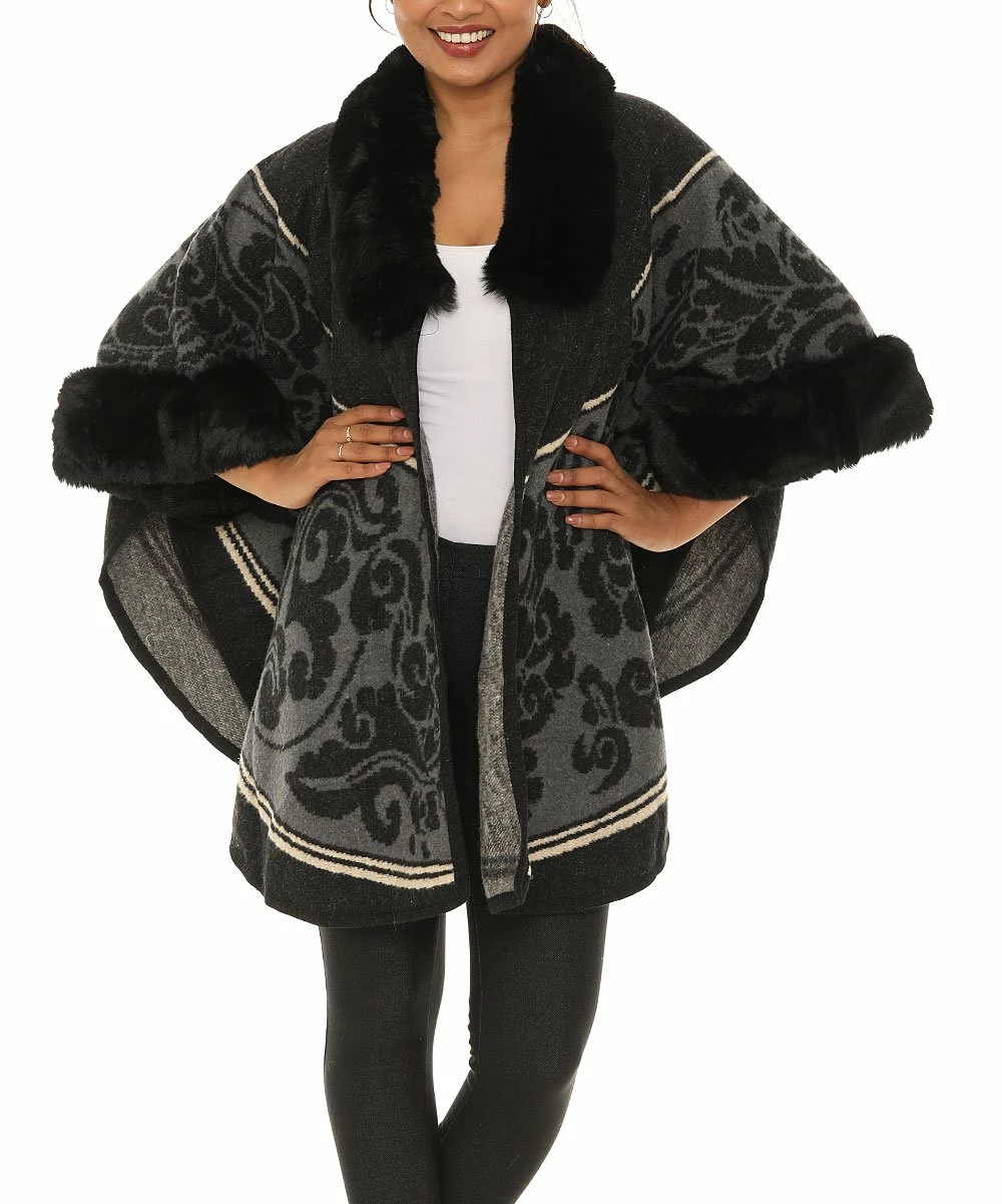 New 𧨠Shoreline Black Floral Fuzzy-Trim Poncho - π© Women & Plus π§¨