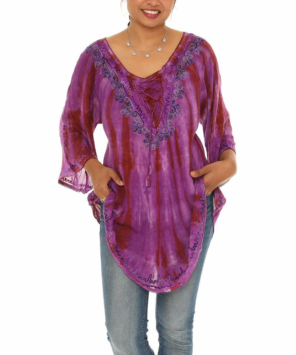 Best reviews of π₯° Shoreline Purple Tie-Dye Embroidered Bell-Sleeve Scoop Neck Tunic - π© Women & Plus π― - Image 2