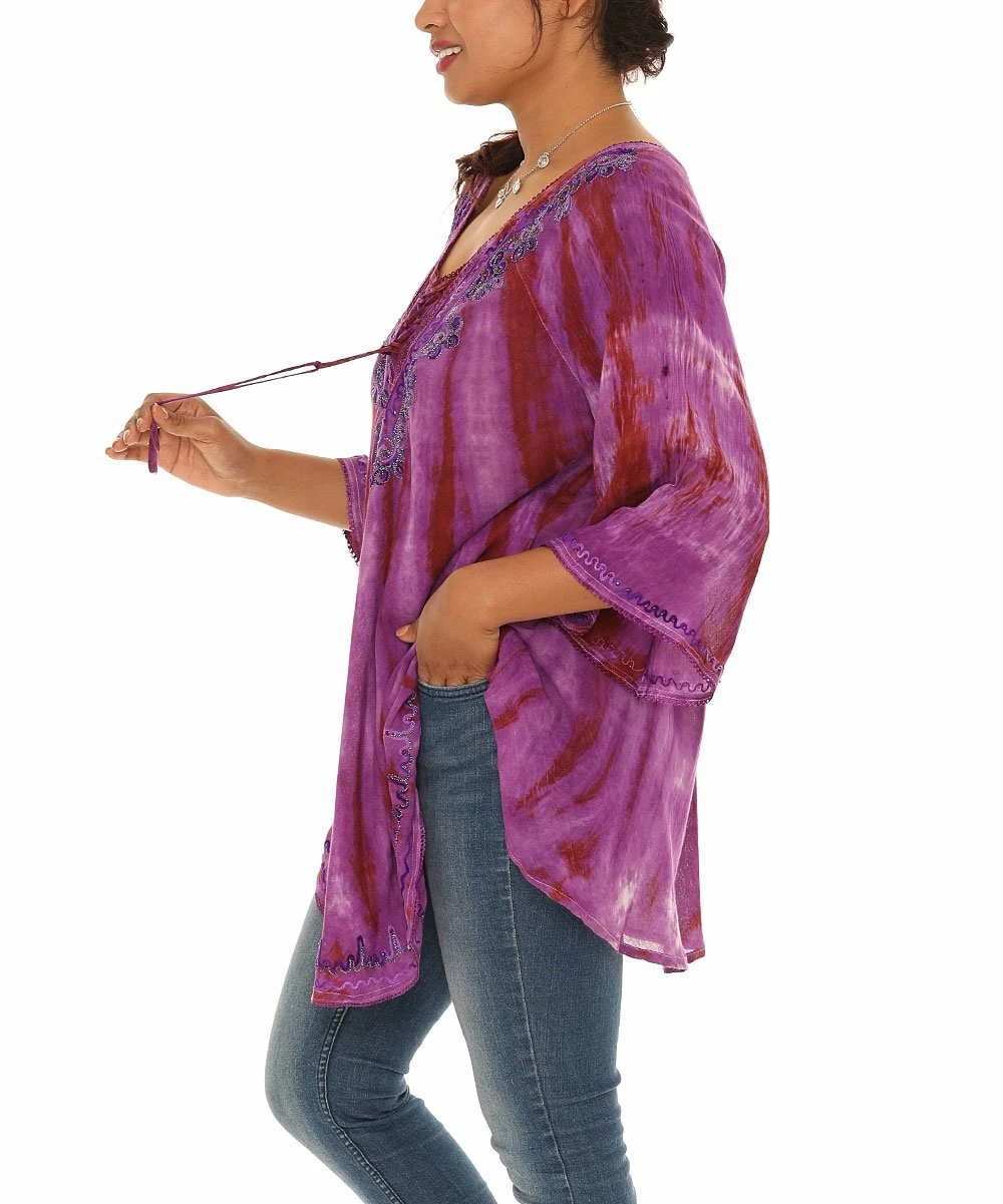 Best reviews of π₯° Shoreline Purple Tie-Dye Embroidered Bell-Sleeve Scoop Neck Tunic - π© Women & Plus π― - Image 3