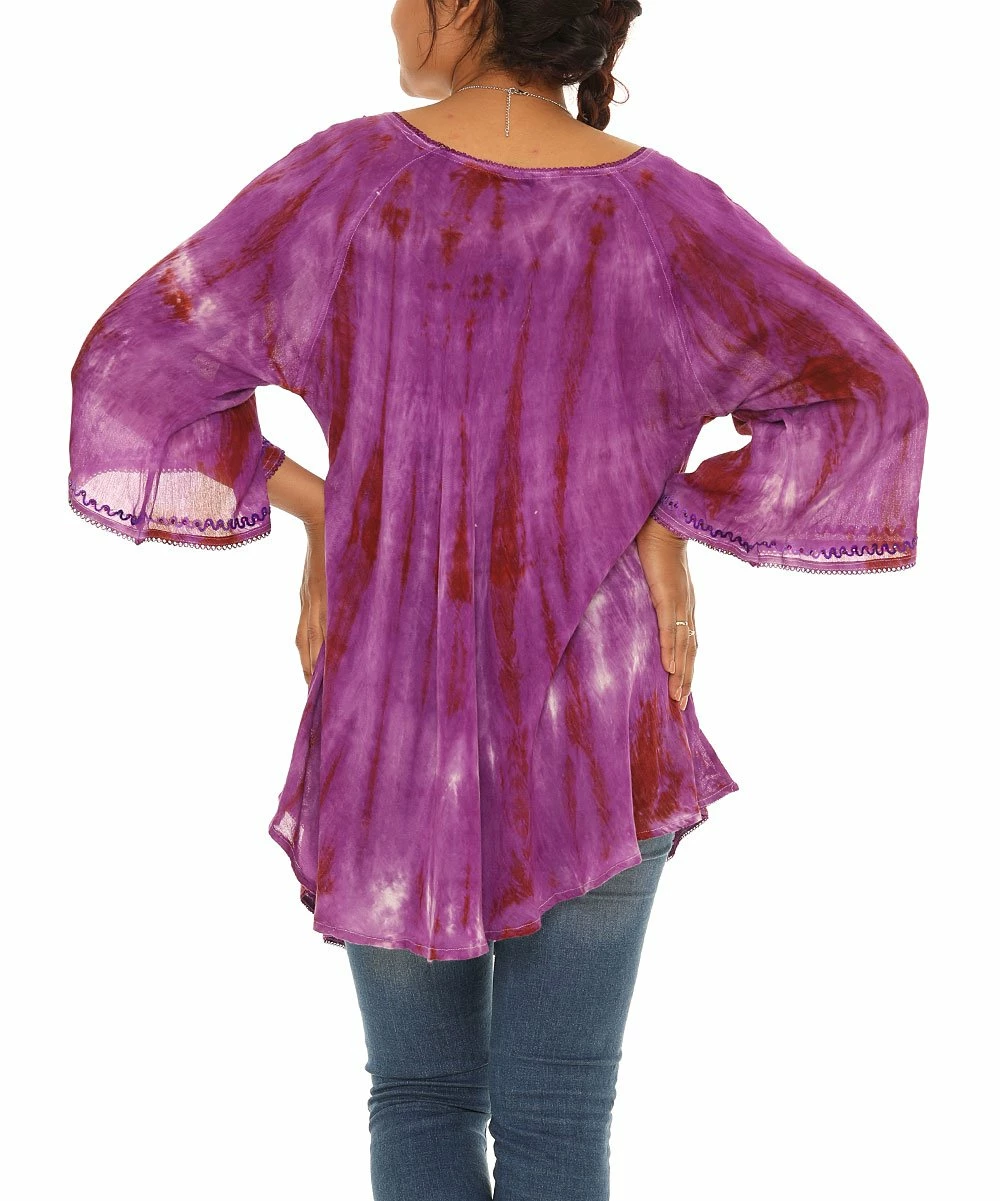 Best reviews of π₯° Shoreline Purple Tie-Dye Embroidered Bell-Sleeve Scoop Neck Tunic - π© Women & Plus π― - Image 4