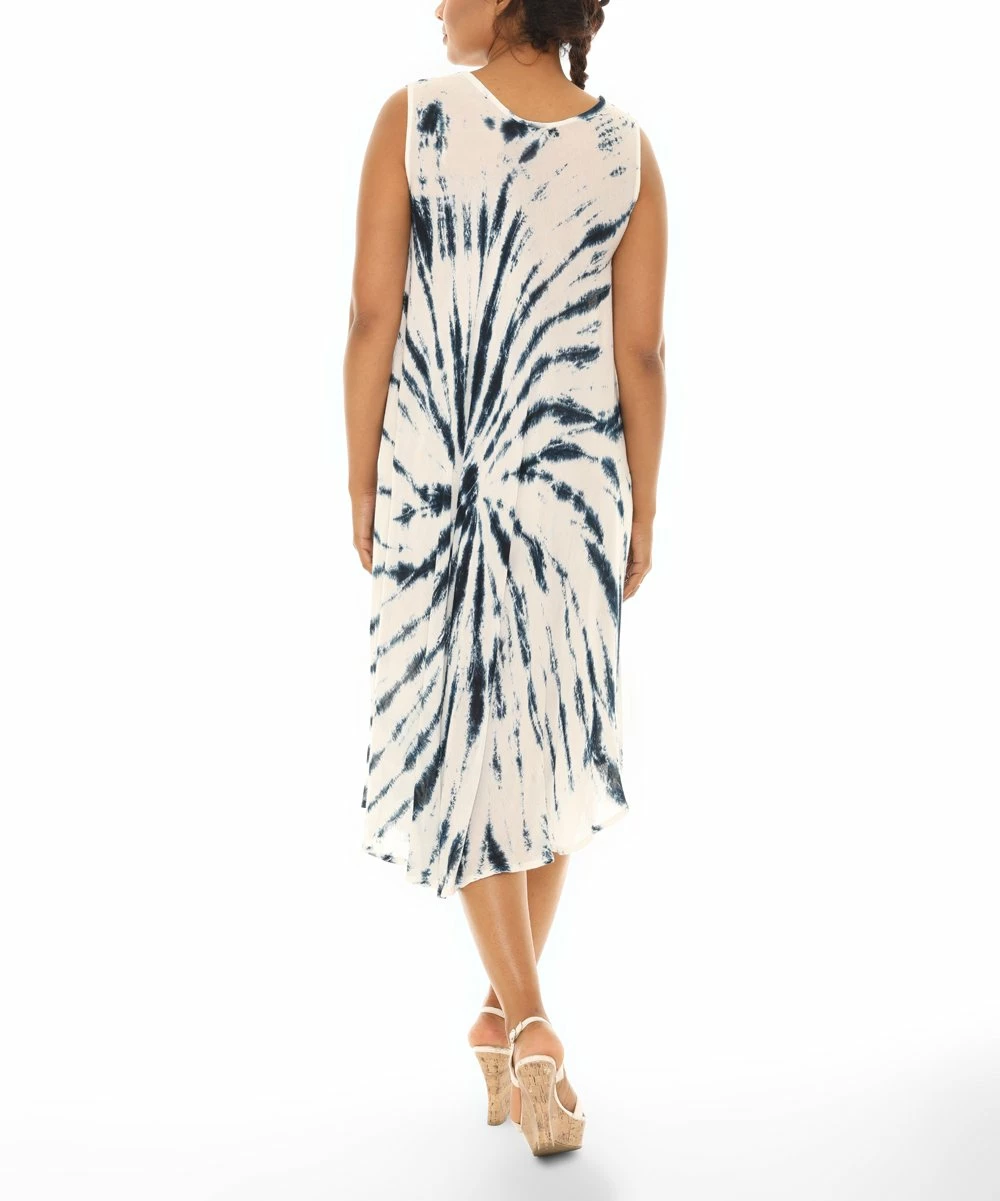 Wholesale π€© Shoreline Navy & White Zebra Tie-Dye Curved Hem Sleeveless Shift π Dress - Plus π - Image 4