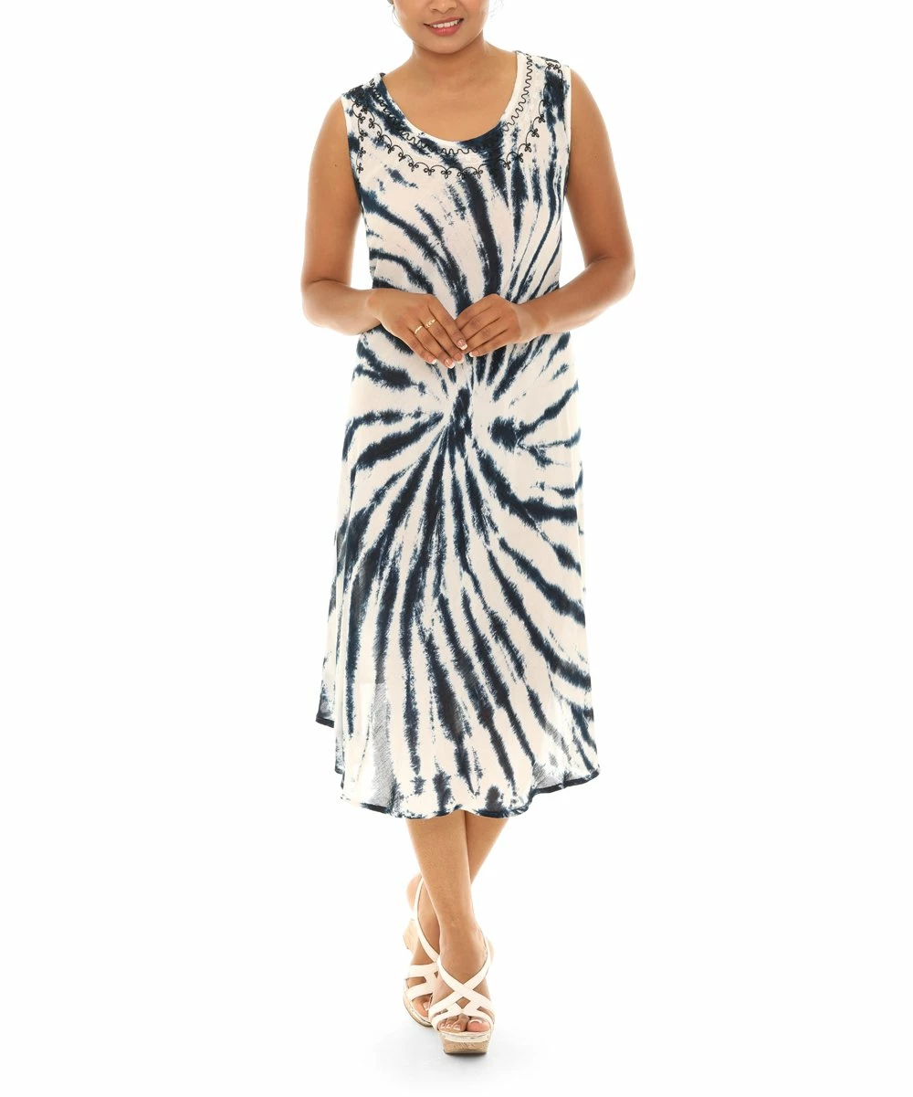 Wholesale π€© Shoreline Navy & White Zebra Tie-Dye Curved Hem Sleeveless Shift π Dress - Plus π