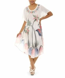 Budget π Shoreline White & Red Butterfly Curved Hem Short-Sleeve Shift π Dress - π© Women π₯