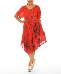 Best Pirce ✔️ Shoreline Coral & Orange Butterfly Curved Hem Short-Sleeve Shift 👗 Dress - 👩 Women 👏