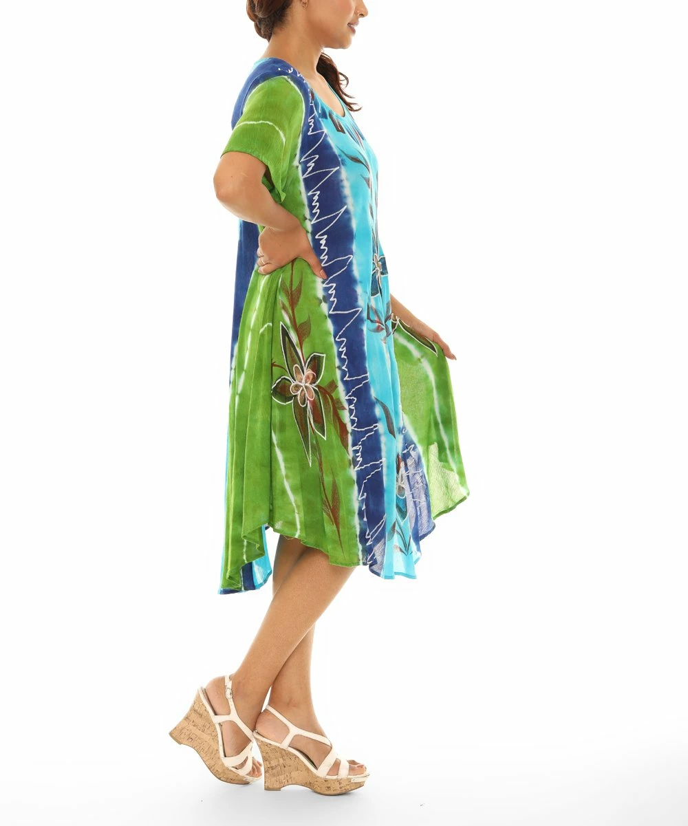 Best Pirce π Shoreline Blue & Navy Floral Tie-Dye Curved Hem Short-Sleeve Shift π Dress - π© Women βοΈ - Image 2