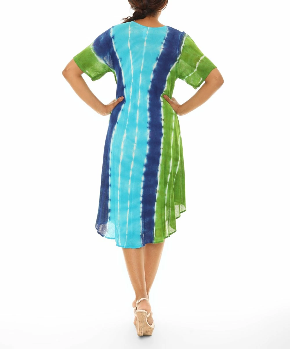 Best Pirce π Shoreline Blue & Navy Floral Tie-Dye Curved Hem Short-Sleeve Shift π Dress - π© Women βοΈ - Image 3