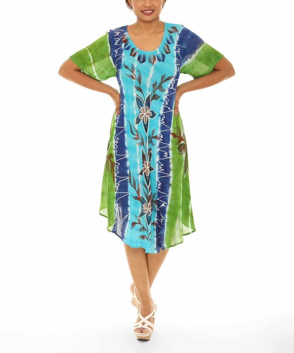 Best Pirce π Shoreline Blue & Navy Floral Tie-Dye Curved Hem Short-Sleeve Shift π Dress - π© Women βοΈ - Image 4