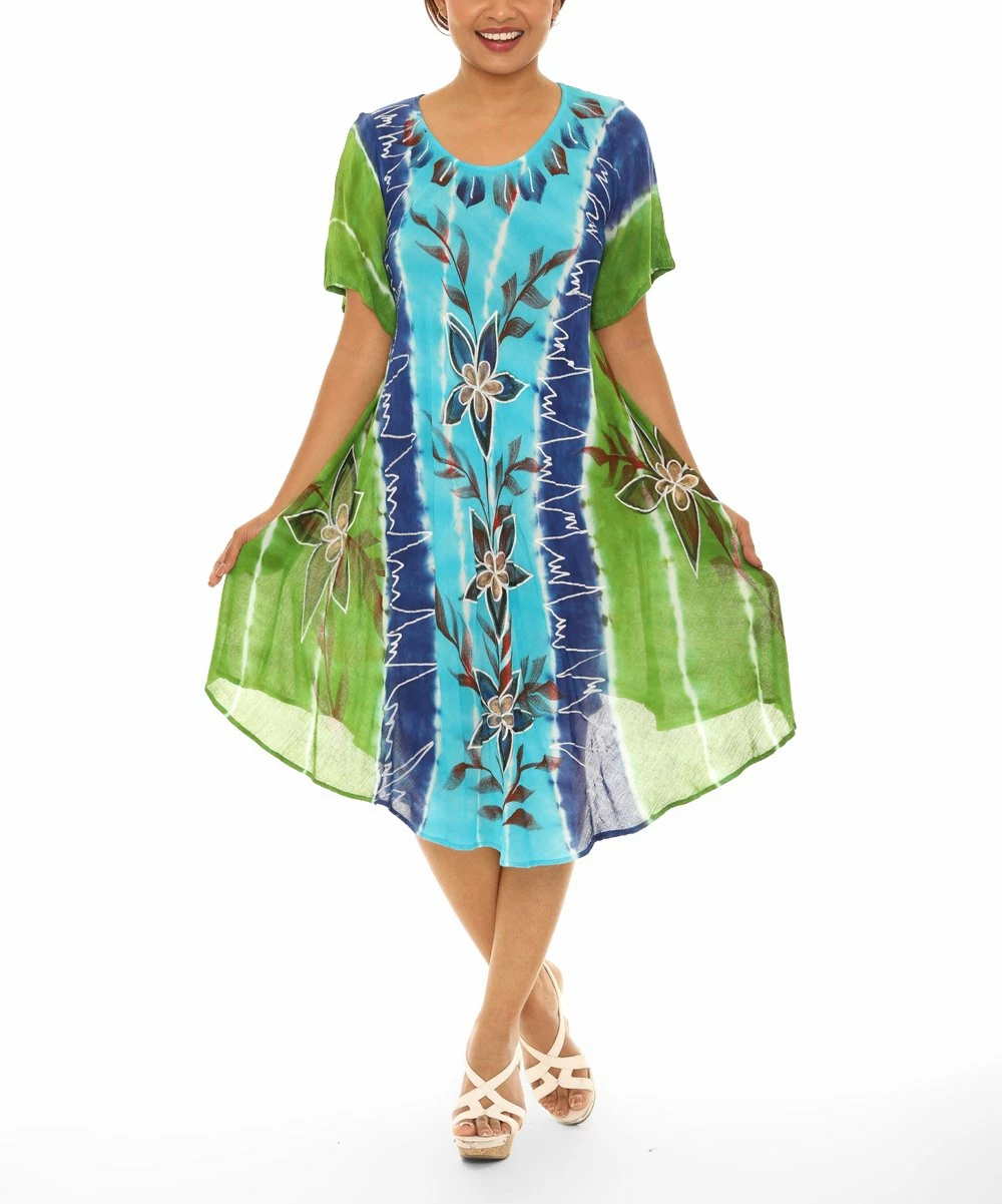 Best Pirce π Shoreline Blue & Navy Floral Tie-Dye Curved Hem Short-Sleeve Shift π Dress - π© Women βοΈ - Image 5