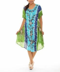 Best Pirce 🎁 Shoreline Blue & Navy Floral Tie-Dye Curved Hem Short-Sleeve Shift 👗 Dress - 👩 Women ✔️