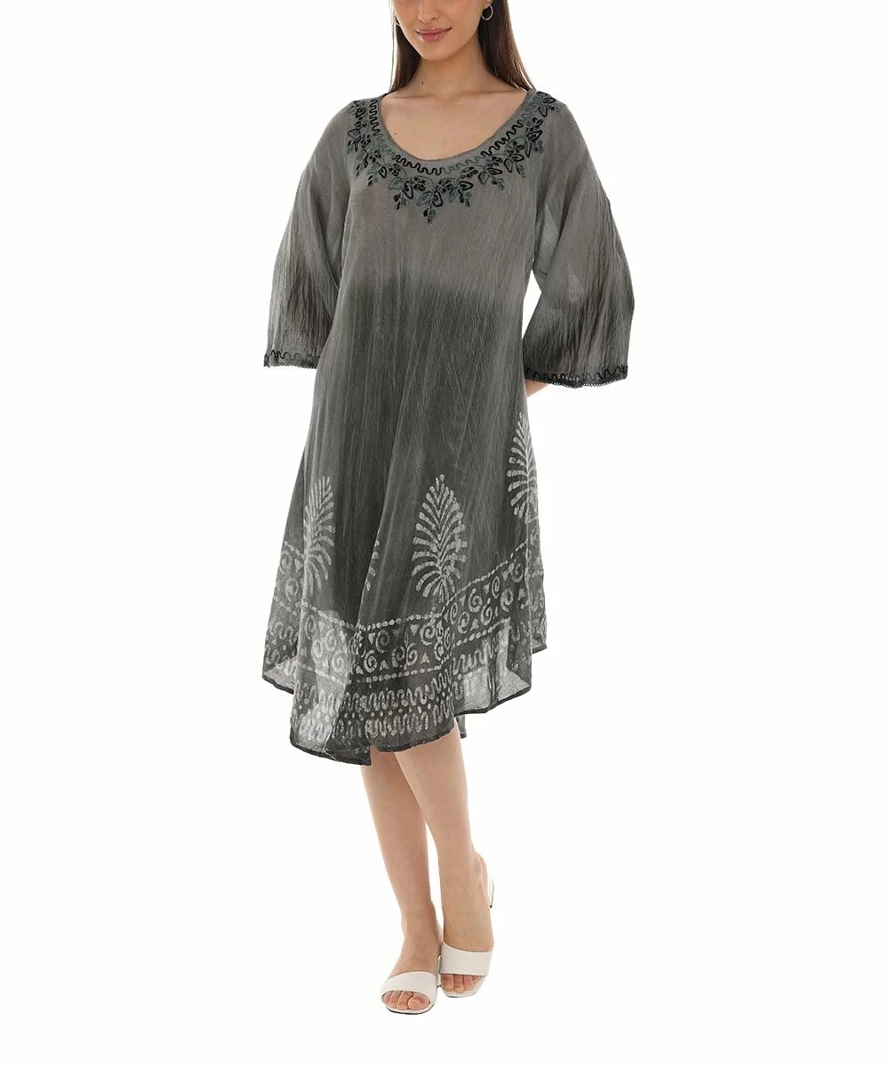 Promo βοΈ Shoreline Gray Embroidered Tie-Dye Three-Quarter Sleeve Shift π Dress - Plus π - Image 4