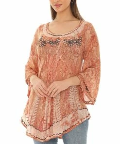 Deals 🌟 Shoreline Camel Tie-Dye Embroidered Bell-Sleeve Scoop Neck Tunic - 👩 Women & Plus 💯