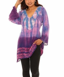 Top 10 🤩 Shoreline Blue & Purple Tie-Dye Crocheted Long-Sleeve V-Neck Tunic - 👩 Women & Plus 🔔