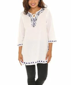 Promo β Shoreline White Embroidered-Trim Keyhole Tie-Neck Tunic - π© Women π§¨