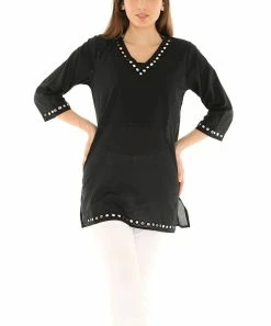 Wholesale π Shoreline Black Mirror-Trim Three Quarter-Sleeve V-Neck Tunic - π© Women & Plus π