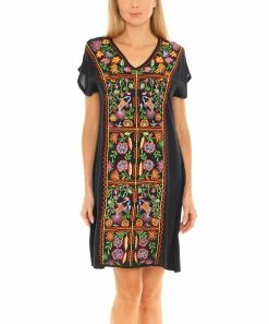 Best Pirce 🔥 Shoreline Black & Red Floral Embroidered Cap-Sleeve V-Neck A-Line 👗 Dress - 👩 Women 👍